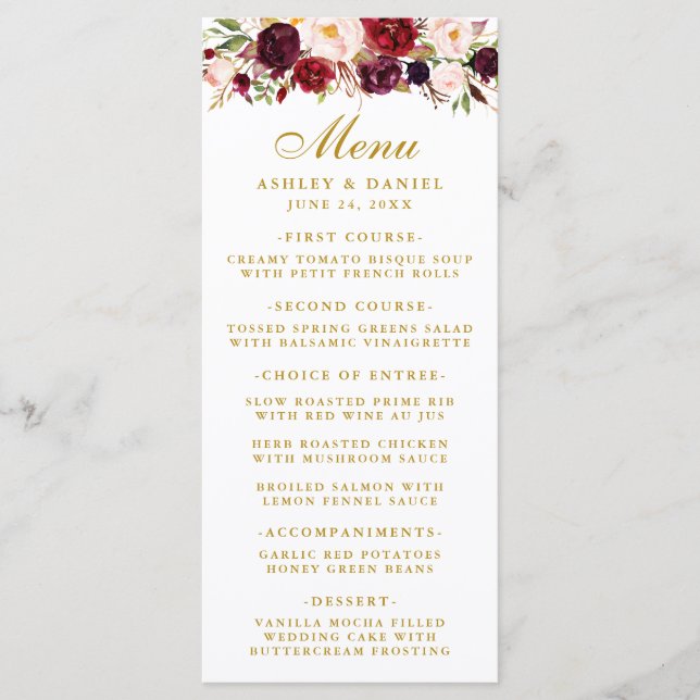 Watercolor Burgundy Floral Wedding Gold Menu (Front)