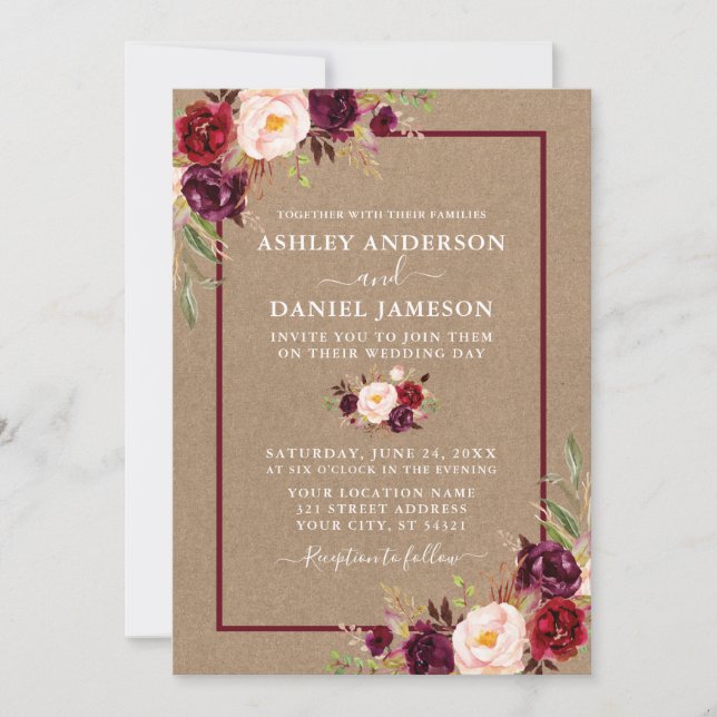Watercolor Burgundy Floral Wedding Kraft Invitation (Front)