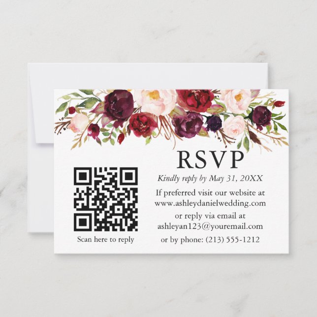 Watercolor Burgundy Floral Wedding QR RSVP Card (Front)
