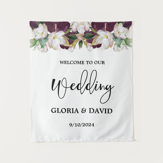 Watercolor Burgundy Floral Wedding Tapestry (Front)