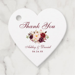 Watercolor Burgundy Floral Wedding Thank You Heart Favour Tags