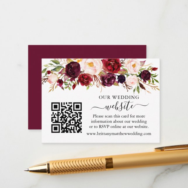 Watercolor Burgundy Floral Wedding Website QR Enclosure Card (Front/Back In Situ)