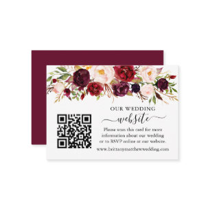 Watercolor Burgundy Floral Wedding Website QR Enclosure Card