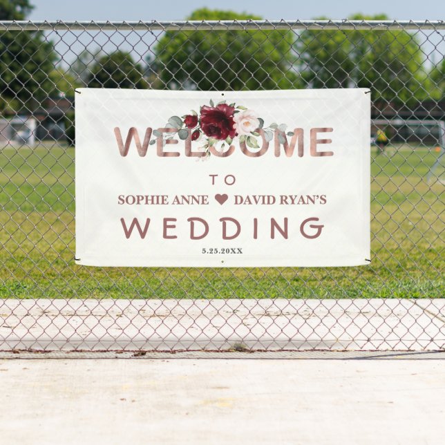 Watercolor Burgundy Floral Wedding Welcome Sign (Insitu)