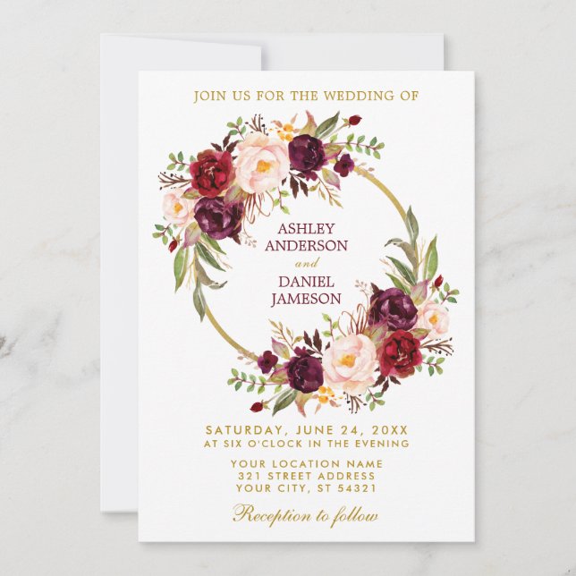 Watercolor Burgundy Floral Wreath Gold Wedding Invitation (Front)