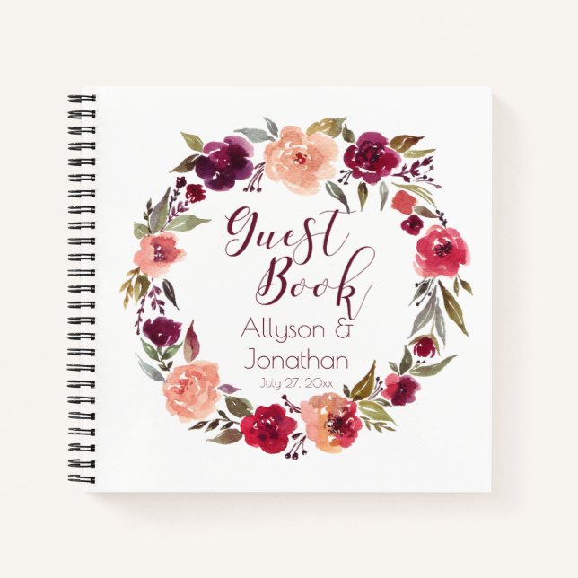 Watercolor Burgundy Floral Wreath Guest Book | (Front)