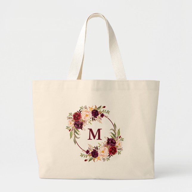 Watercolor Burgundy Floral Wreath Monogram Large Tote Bag (Front)