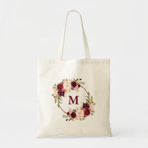 Watercolor Burgundy Floral Wreath Monogram Tote Bag