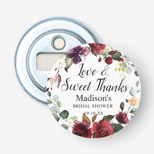 Watercolor Burgundy Floral Wreath Thank You Bottle Opener (Front)