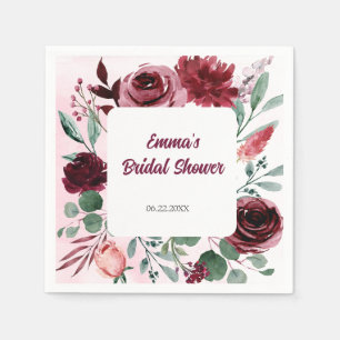 Watercolor Burgundy Flower Panel Bridal Shower Napkin