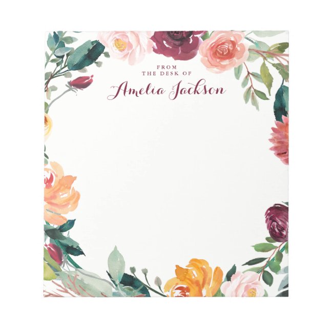 Watercolor Burgundy Flower Personalised Stationery Notepad (Front)