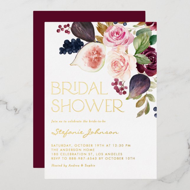 Watercolor Burgundy Flowers and Figs Bridal Shower (Front/Back)