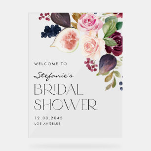 Watercolor Burgundy Flowers and Figs Bridal Shower Acrylic Sign