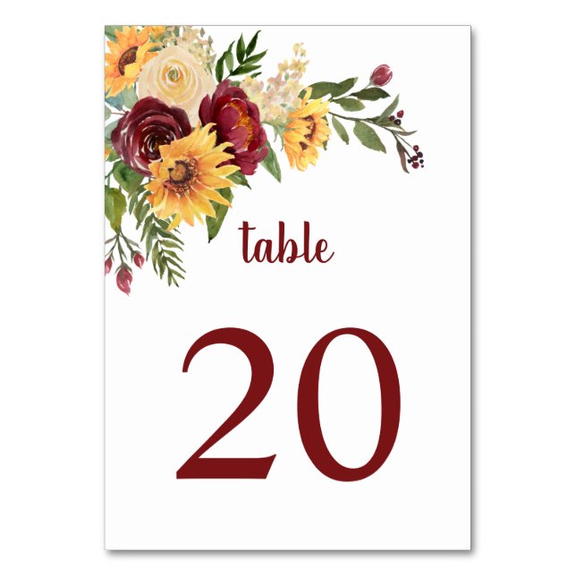Watercolor Burgundy Flowers and Sunflowers Table Number (Front)