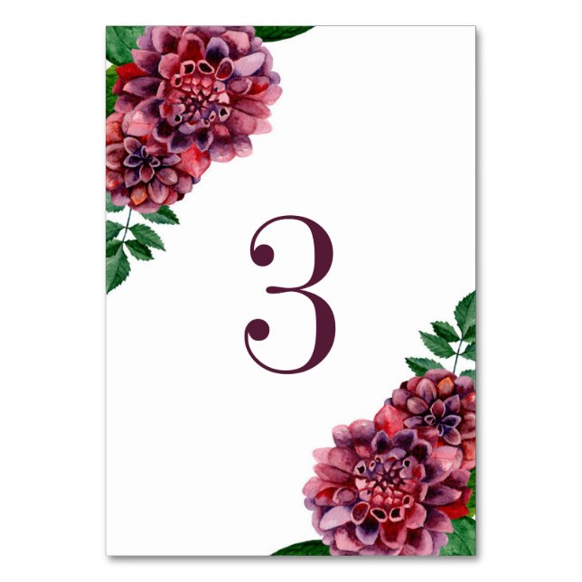 Watercolor burgundy flowers. Dahlias wedding Table Number (Front)
