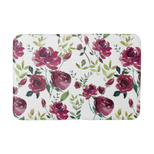 Watercolor Burgundy Flowers Floral Pattern Bath Mat