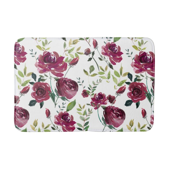 Watercolor Burgundy Flowers | Floral Pattern Bath Mat (Front)