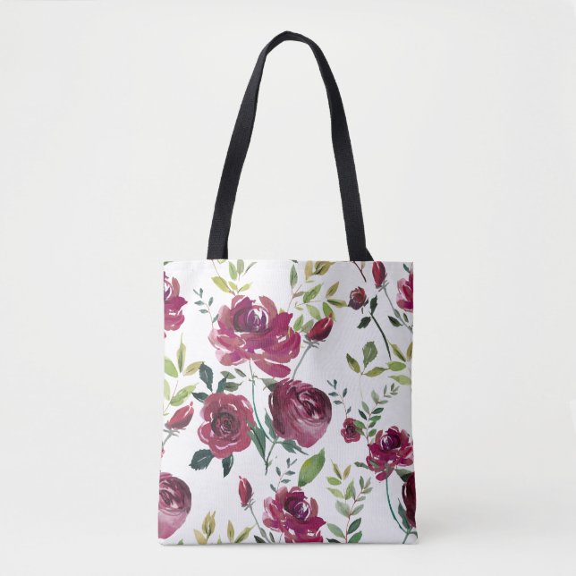 Watercolor Burgundy Flowers | Floral Pattern Tote Bag (Front)
