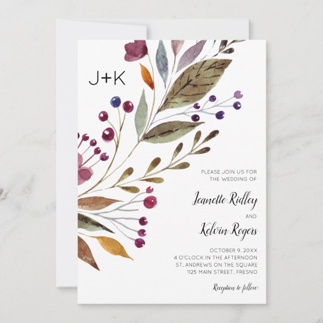 Watercolor Burgundy Flowers Monogram Wedding Invitation (Front)