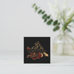 Watercolor Burgundy Gold Elegant Floral Square Business Card