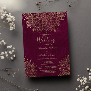 Watercolor burgundy gold floral mandala Wedding Invitation