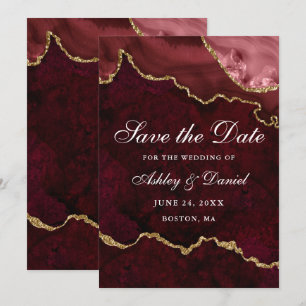 Watercolor Burgundy Gold Marble Agate Geode Save The Date
