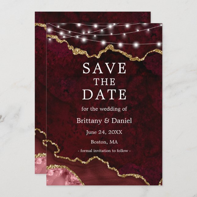 Watercolor Burgundy Gold Marble Geode Lights Save The Date (Front/Back)