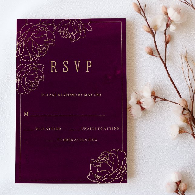 Watercolor burgundy gold peony floral RSVP  Invitation (Watercolor burgundy gold peony floral RSVP)