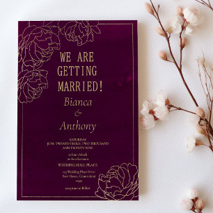 Watercolor burgundy gold peony floral wedding invitation