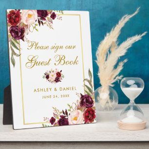 Watercolor Burgundy Gold Wedding Guestbook Plaque
