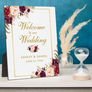 Watercolor Burgundy Gold Wedding Welcome Plaque