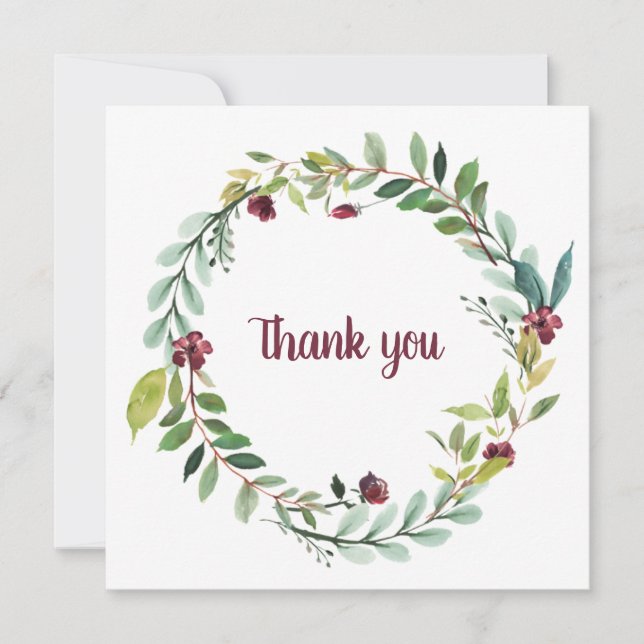 Watercolor Burgundy Green Wreath "Thank you" Holiday Card (Front)
