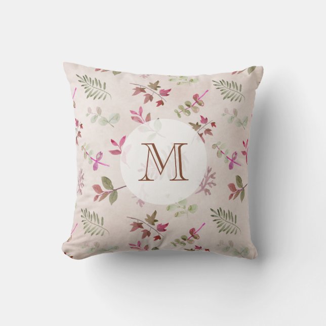 Watercolor Burgundy Leaves & Foliage Monogram Cushion (Front)