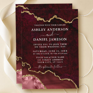 Watercolor Burgundy Marble Agate Geode Wedding Invitation