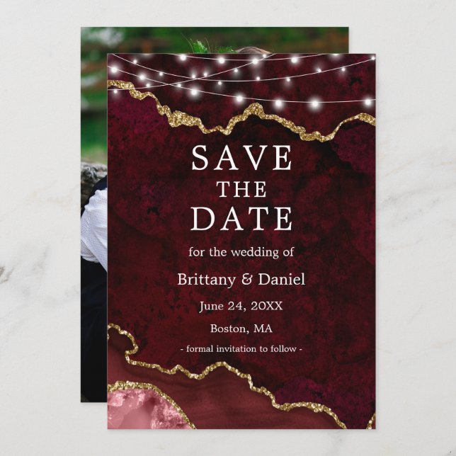 Watercolor Burgundy Marble Geode Lights Photo Save The Date (Front/Back)