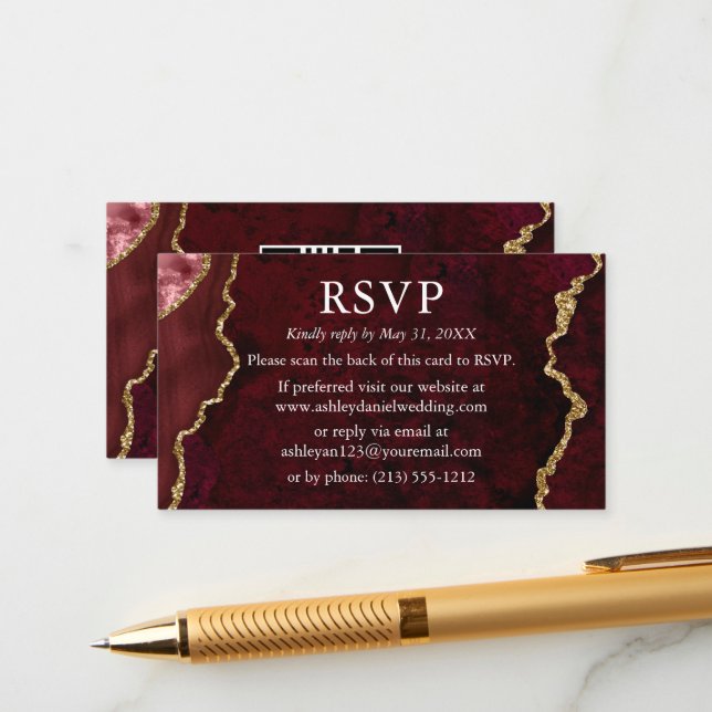 Watercolor Burgundy Marble Wedding RSVP QR Back Enclosure Card (Front/Back In Situ)