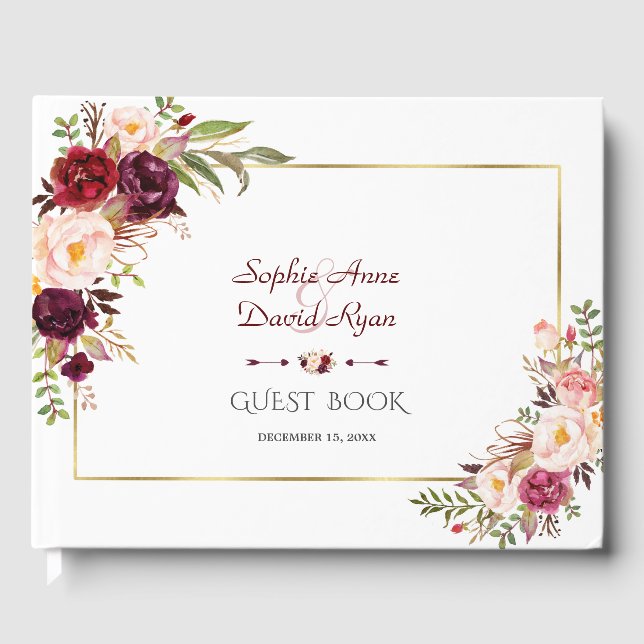 Watercolor Burgundy Marsala Blush Floral Wedding   Guest Book (Front)