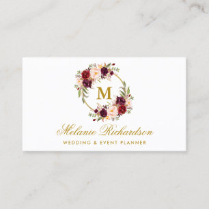 Watercolor Burgundy Marsala Floral Monogram Gold Business Card