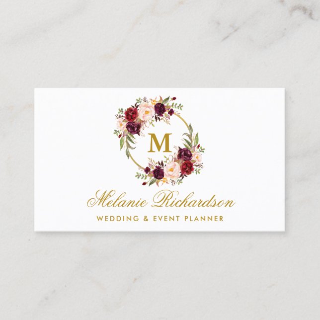 Watercolor Burgundy Marsala Floral Monogram Gold Business Card (Front)