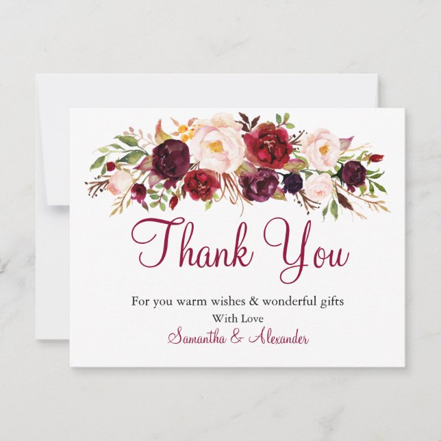 Watercolor Burgundy Marsala flower Thank You Card (Front)