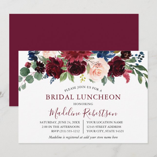 Watercolor Burgundy Mixed Floral Bridal Lunch Invitation (Front/Back)