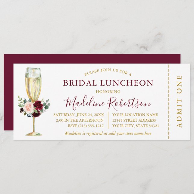Watercolor Burgundy Mixed Floral Luncheon Ticket Invitation (Front/Back)