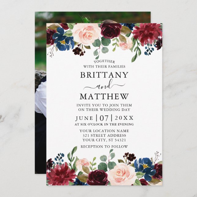 Watercolor Burgundy Mixed Floral Photo Wedding Invitation (Front/Back)