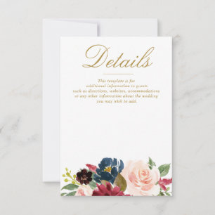 watercolor burgundy navy blooms wedding details RSVP card