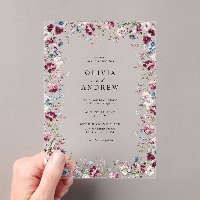 Watercolor Burgundy Navy Blue Floral Wedding Acrylic Invitations (Insitu (Handheld))