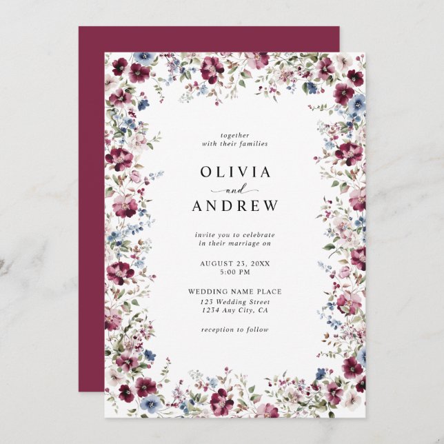 Watercolor Burgundy Navy Blue Floral Wedding Invitation (Front/Back)