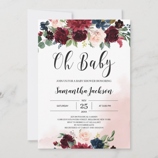 Watercolor burgundy navy blush pink floral baby invitation (Front)