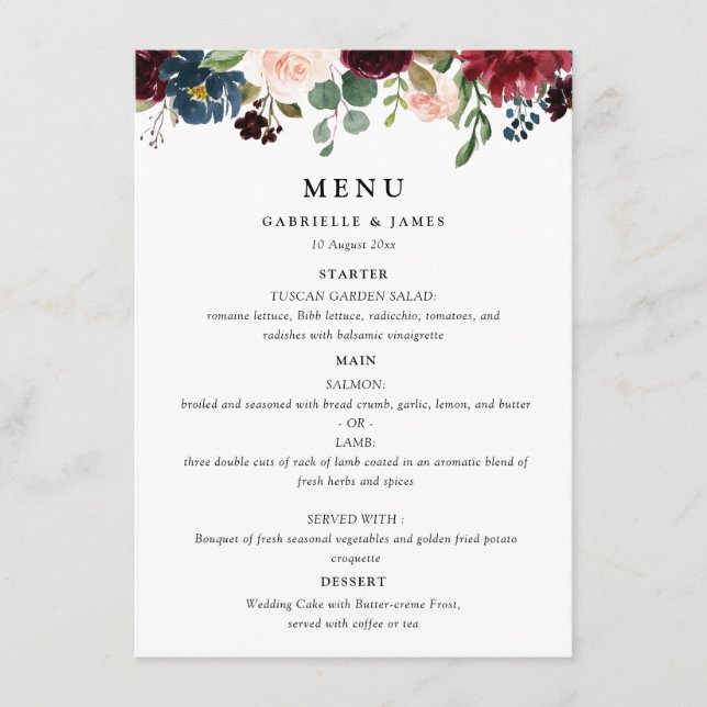 watercolor burgundy navy floral wedding menu (Front)