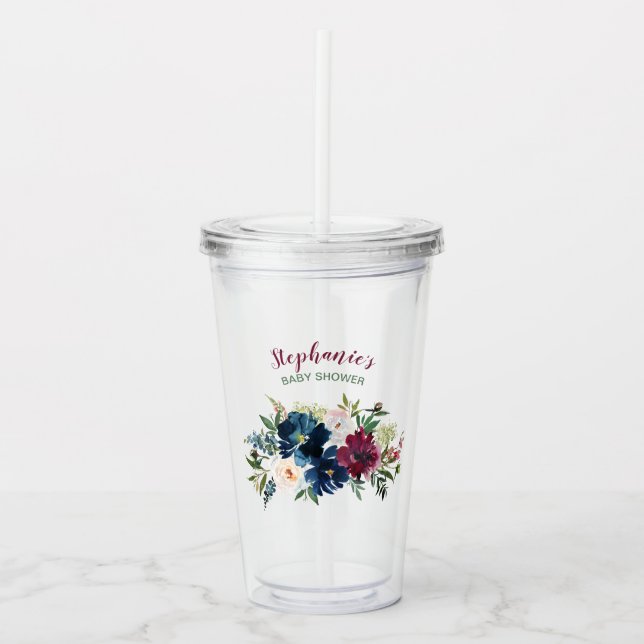 Watercolor Burgundy Navy Flowers Baby Shower Acrylic Tumbler (Front)