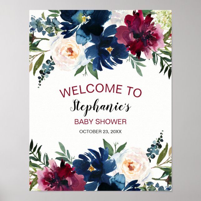 Watercolor Burgundy Navy Flowers Baby Shower Poster (Front)